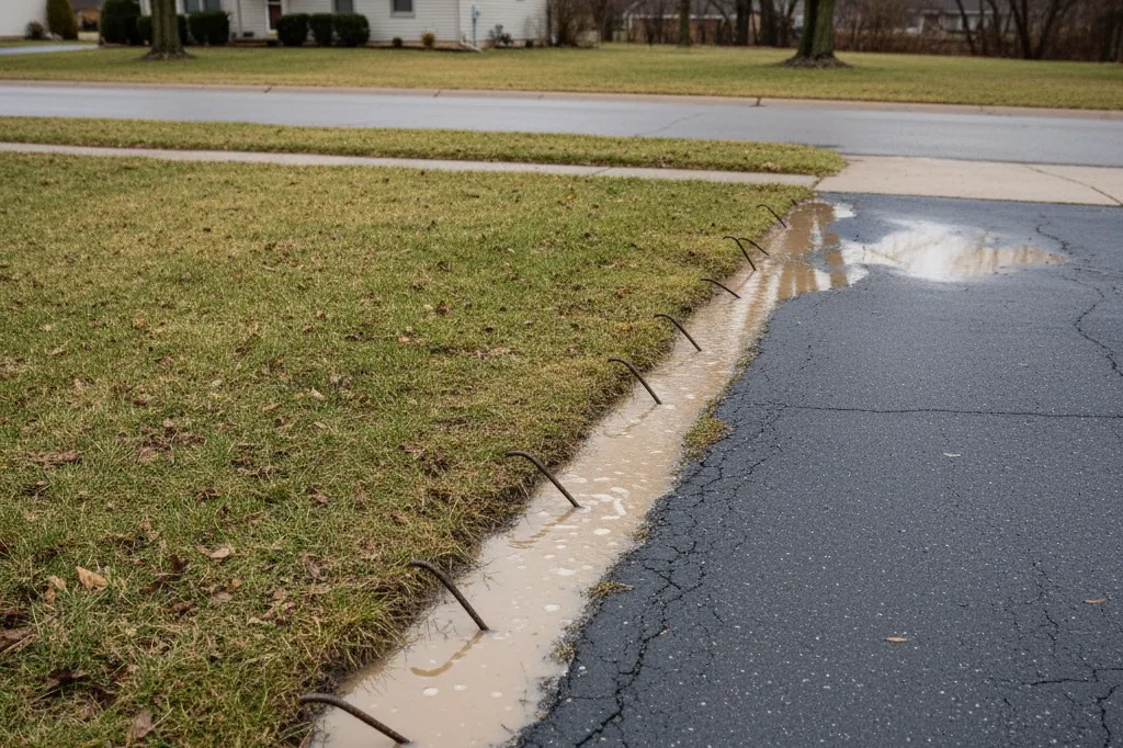 A shallow, mud-filled groove along the edge of an asphalt driveway where it meets waterlogged grass, with metal rake tines cutting through standing brown water