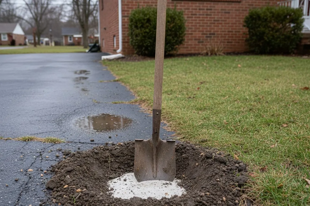 A flat shovel blade wedged into a shallow hole in wet earth next to a driveway, the blade's edge pressed against a partially exposed pale concrete or stone surf